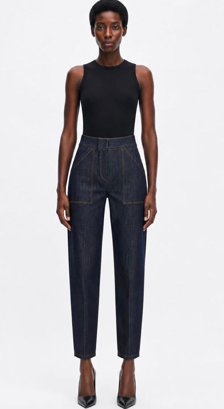 Adam Lippes High Rise Dark Indigo Utility Tapered Leg Jeans Patch Pockets Size 6